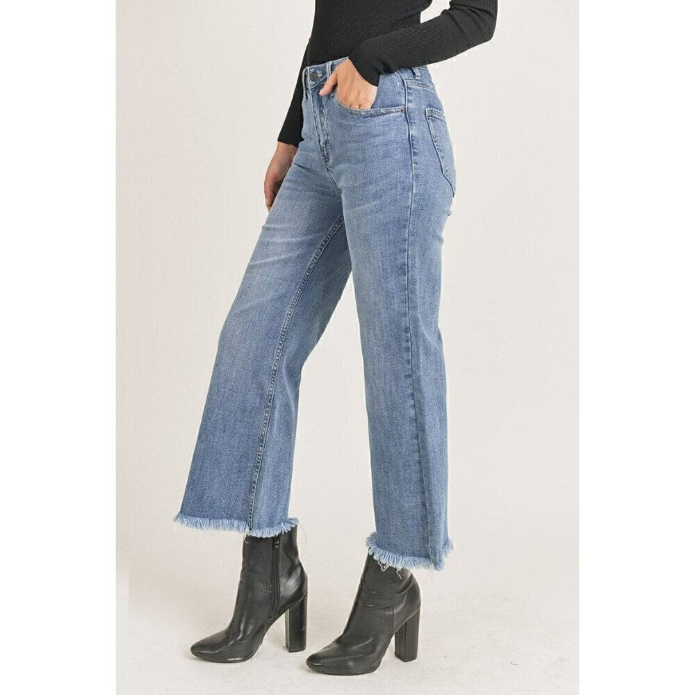 Risen Meg Wide Leg Fray Crop Ankle Jeans - Picture 4 of 5